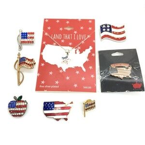 USA AMERICAN FLAG PINS RHINESTONE ENAMEL & SILVER PLATED NECKLACE LOT